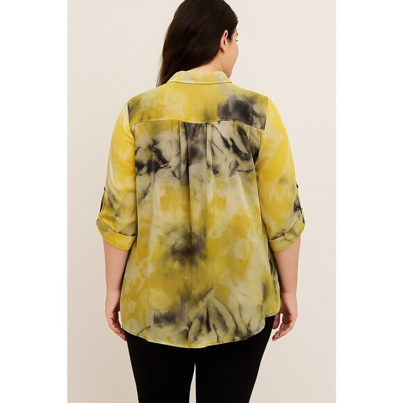 Torrid Size 2X Sheer Blouse Yellow Abstract Print Button Down 3/4 Sleeve Casual - Picture 2 of 12
